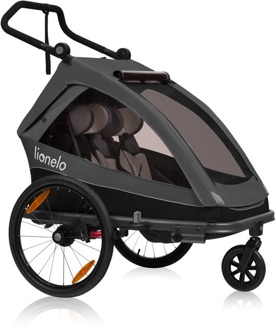 Lionelo Cama Fietskar 2in1 - Fiets aanhanger + Wandelwagen voor 2 Kinderen - 360° Voorwiel - 60L Bagageruimte - Full Vering - 5-Punts Gordels - Grote Luchtbanden - UPF50+ & Waterafstotend - Kinderfietskar & Buggy Inklapbaar - Kinderwagen - Tot 2x22kg — afbeelding 3