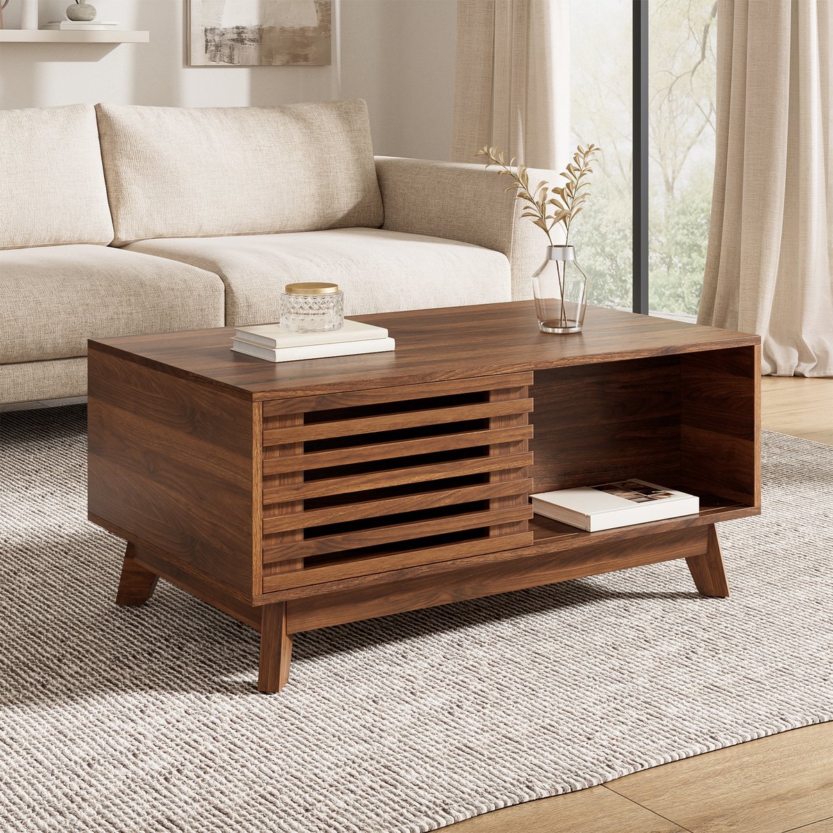 STILVORA Salontafel - Verstelbaar Tafelblad En Schuifdeur - Voor Woonkamer En Kleine Ruimtes - MDF - 90x55x57,5 Cm - Walnoot Wit