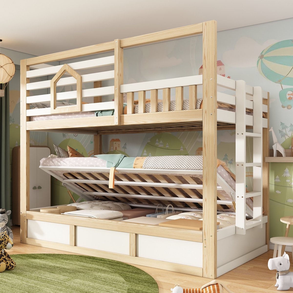 COVREO Stapelbed voor kinderen 90x200 cm - met opbergruimte, veiligheidshek en ladder, wit en eikenkleur