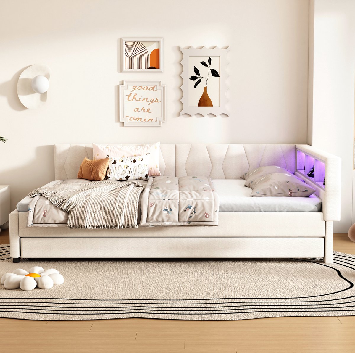 COVREO Bedframe 140x200 cm - beige, leinen, opbergruimte, zonder matras