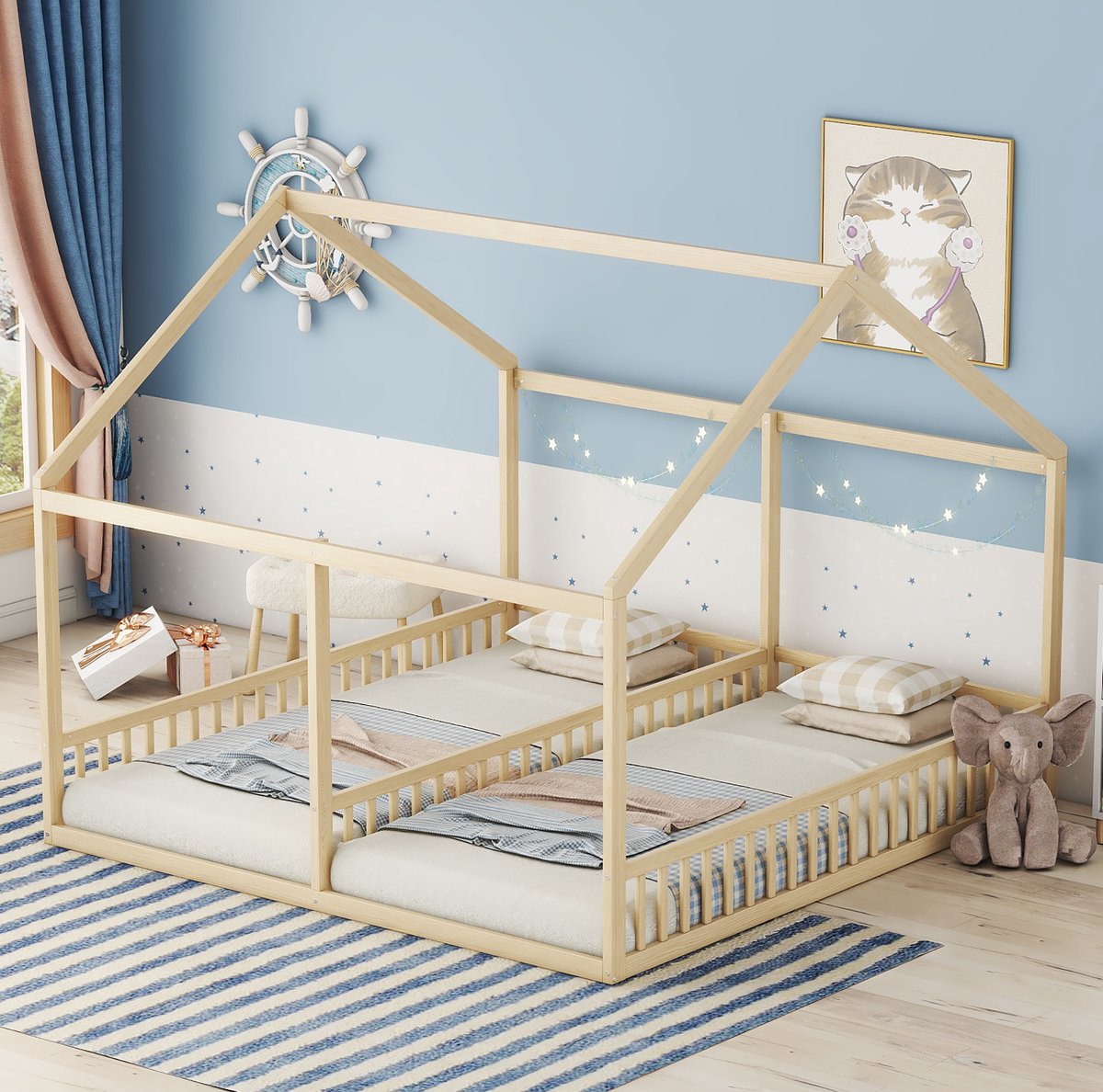 COVREO Bed 90 x 200 cm naturel hout en MDF met uitvalbeveiliging zonder matras