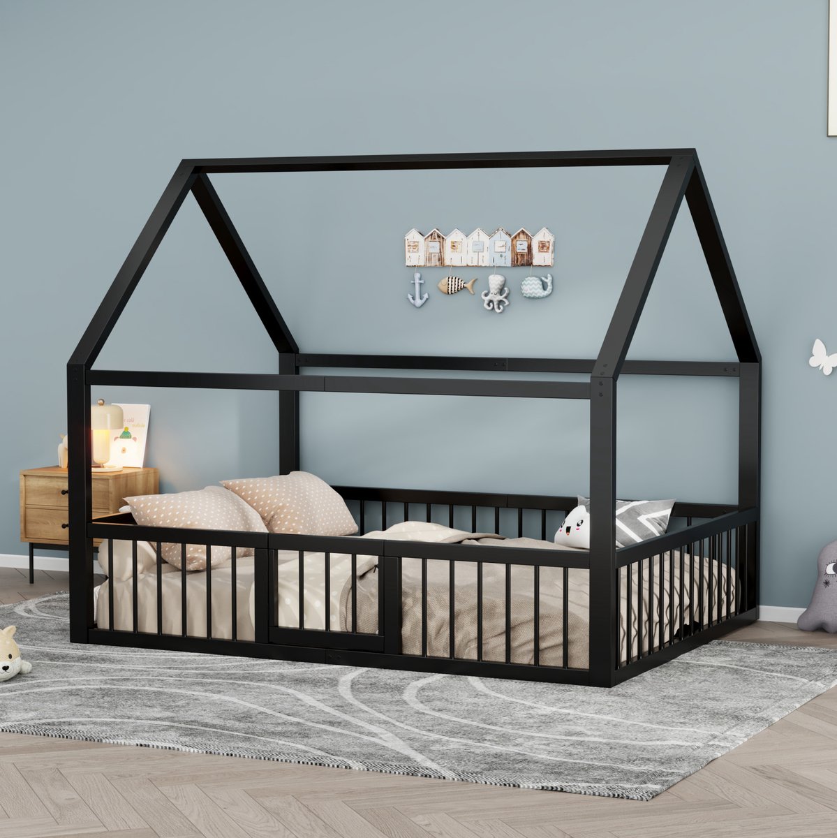 COVREO Bed 204x144x168,9 cm zwart metaal, huisbed voor kinderen