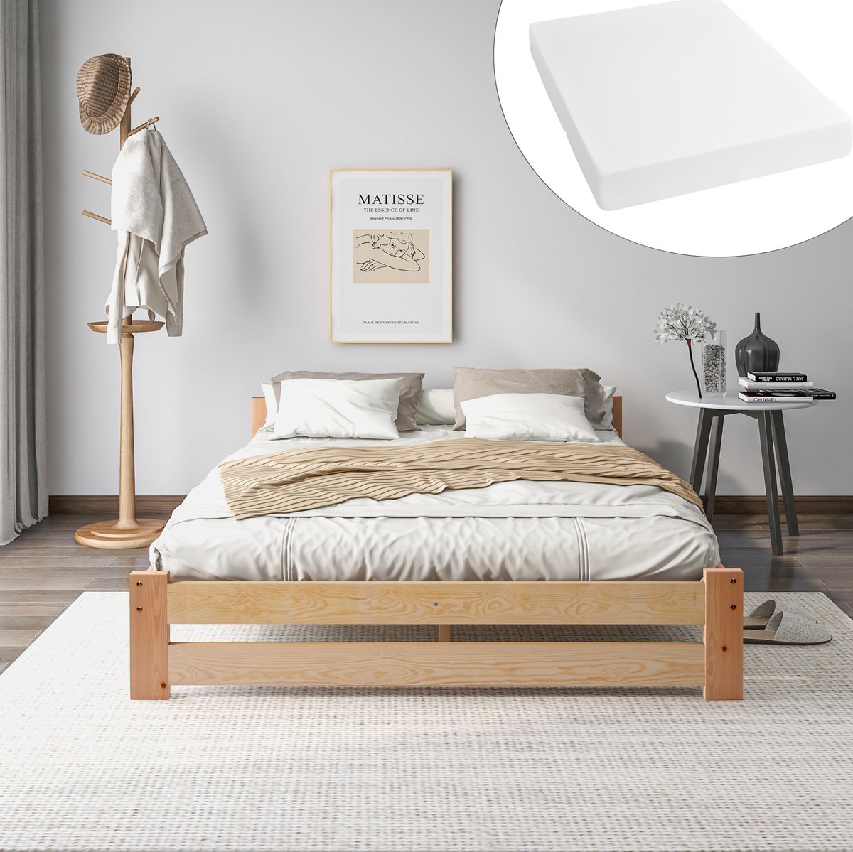 COVREO (Inclusief matras) Massief houten opklapbed, naturel houten bed, met hoofdbord en lattenbodem, naturel houtkleur (200x140 cm) Natural