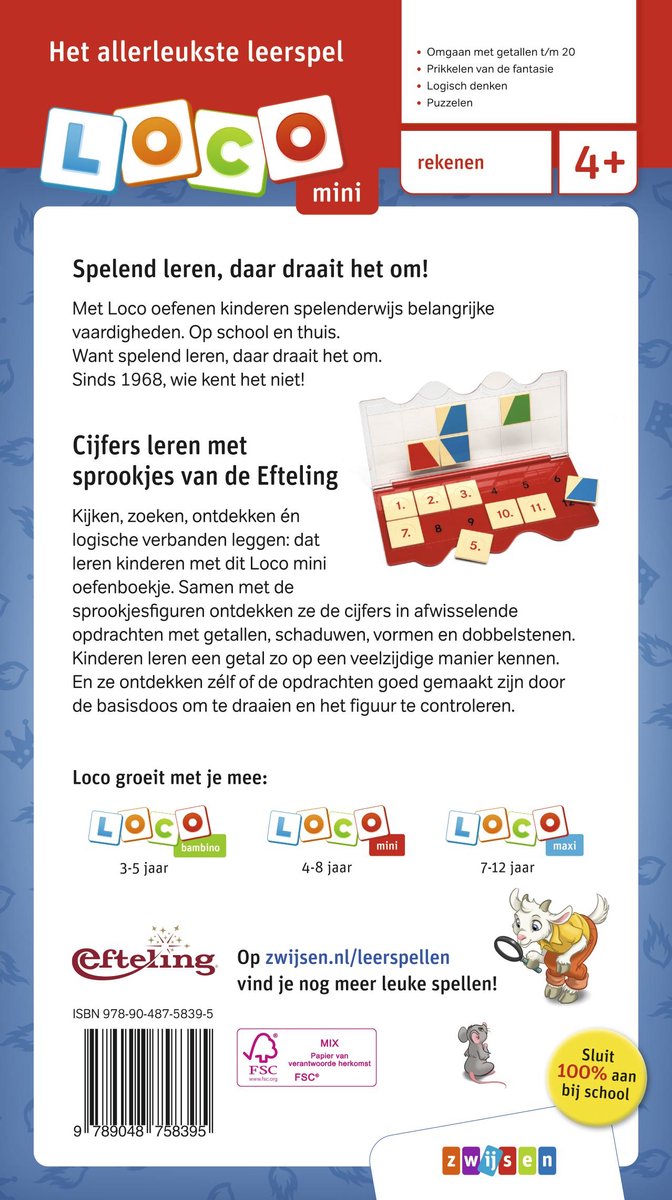 De achterkant van het LOCO mini spel 'Cijfers leren met Sprookjes van de Efteling'. De tekst benadrukt spelend leren, logisch denken en puzzelen. Er zijn afbeeldingen van de verschillende LOCO mini sets.