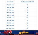 Maattabel voor schoenen met Spiderman-thema: voetlengte van 144-150 mm komt overeen met maat 25.