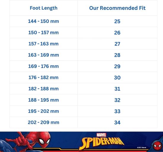 Maattabel voor schoenen met Spiderman-thema: voetlengte van 144-150 mm komt overeen met maat 25.