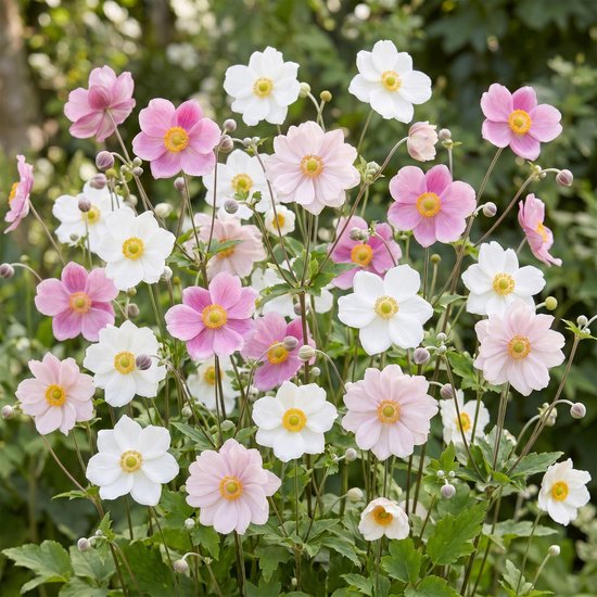 Een veld vol bloeiende herfstanemonen in zachte roze en witte tinten met gele hartjes.