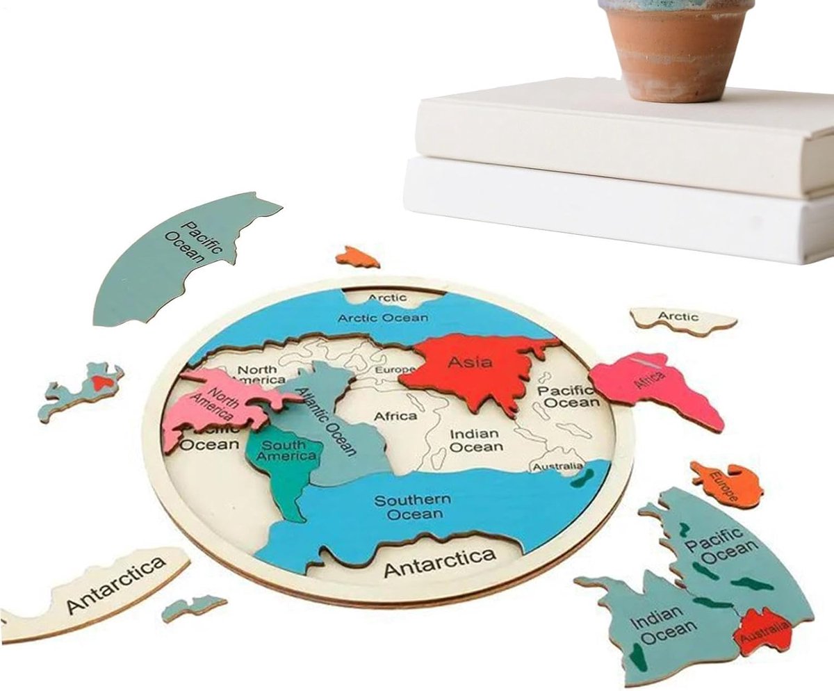 Wereldkaart Puzzel - Houten Legpuzzel Wereld - Geografie Leren - Natuurlijk Hout Materiaal - 31 x 31 x 0.1 cm