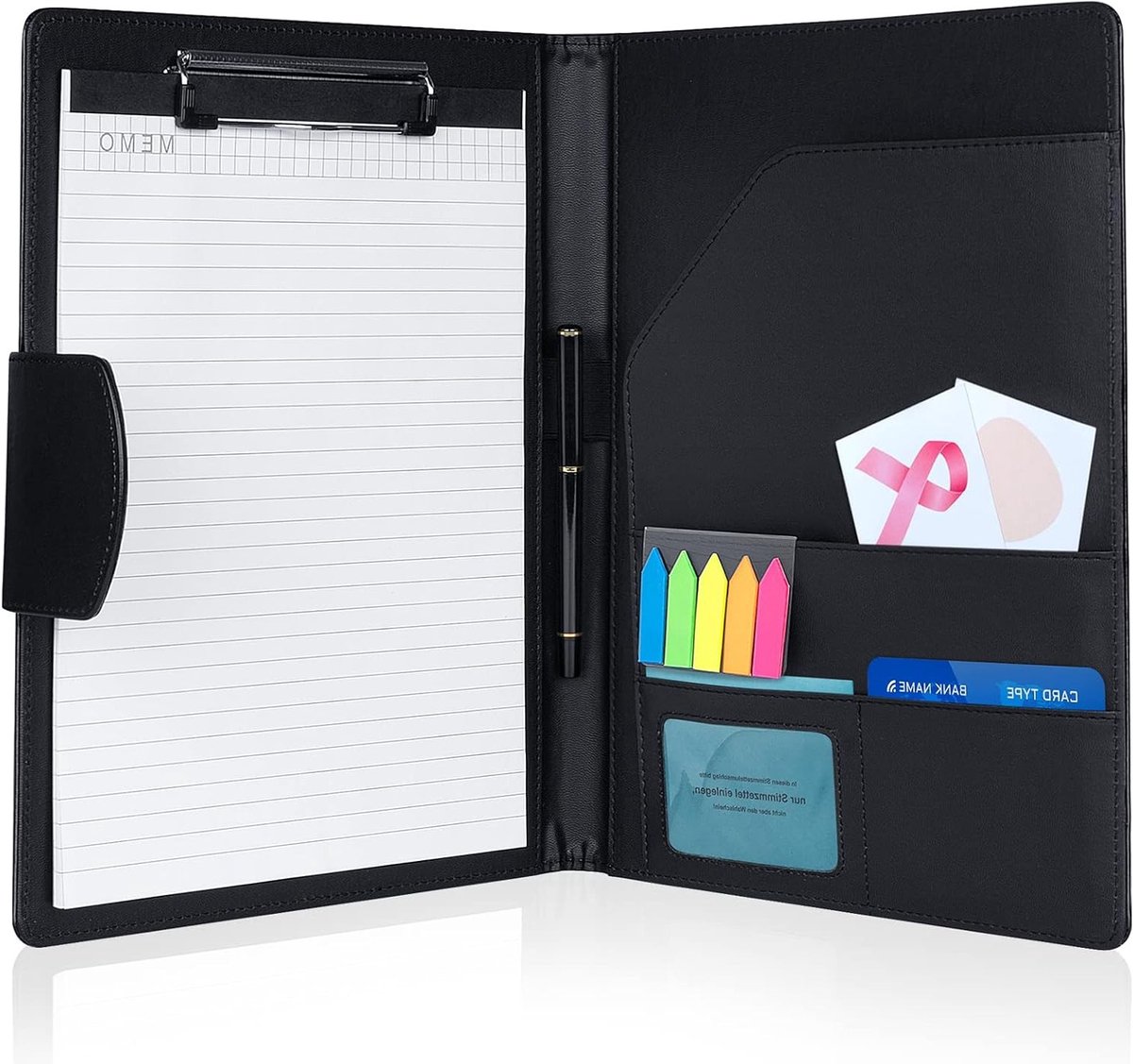 Leren Clipboard Map A4, Documententas met Magnetische Sluiting, Inclusief Papier en Pen, Zwart, Professioneel en Duurzaam