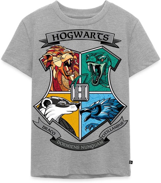 Grijs T-shirt met het Hogwarts wapenschild met de vier huizen: leeuw, slang, das en arend.