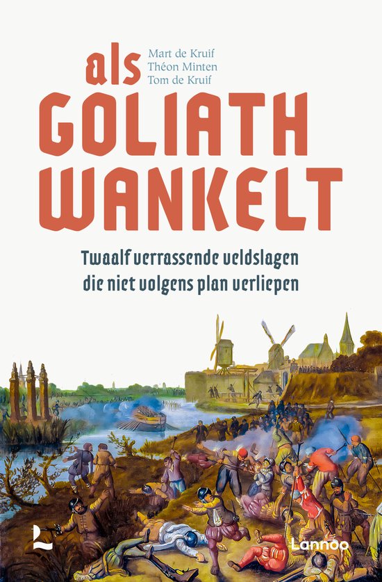 Livre intitulé 'Als Goliath wankelt', avec une peinture d'une bataille historique avec des soldats, des moulins et une rivière.