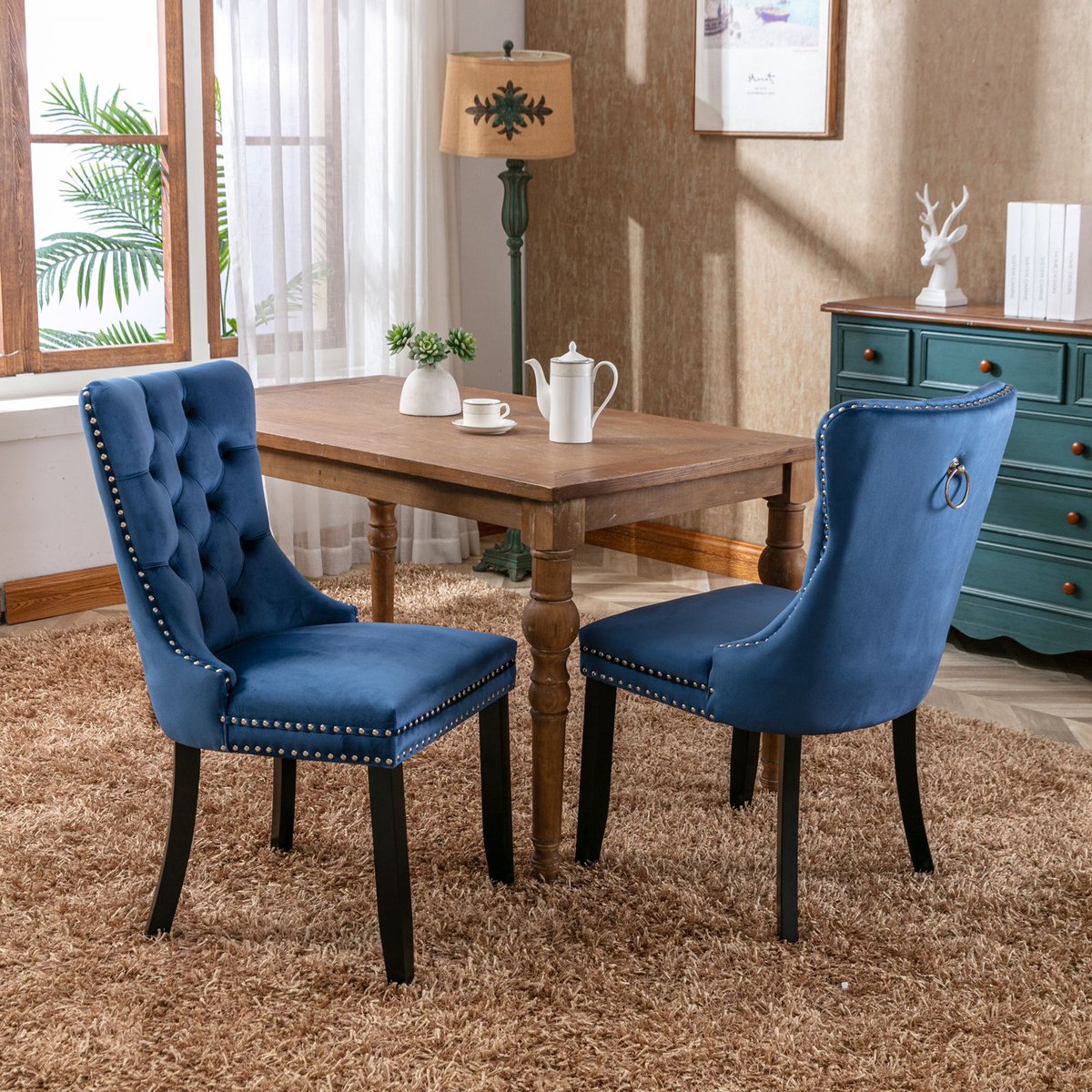 Eetkamerstoelen - Set Van 2 - Gestoffeerde eetkamerstoel - Eettafelstoel - Eetkamerstoelen - Stoel - Flueel - Houten stoelpoten - Modern Design - Blauw