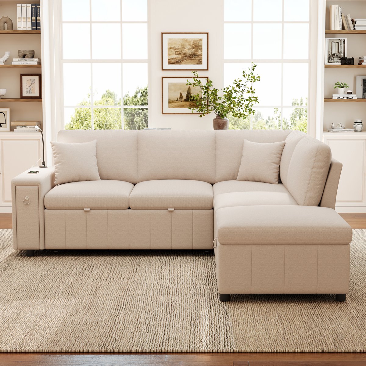 DESMIU Slaapbank 213 x 184 cm - Uitschuifbare Hoekbank Met Opberghocker, Leeslamp En Laadpoorten - Voor Woonkamer En Logeerkamer - Linnen Beige