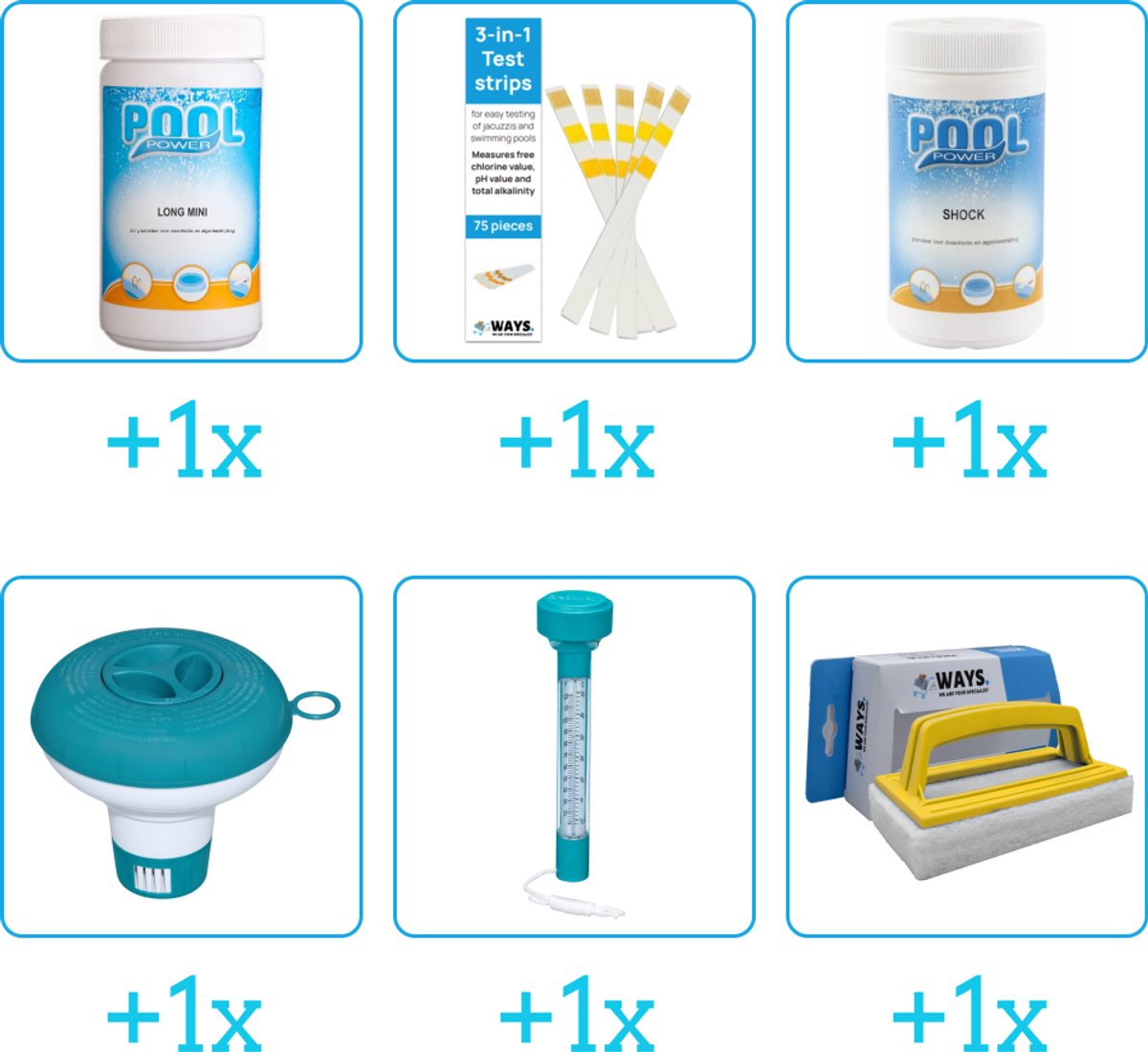 Zwembad Onderhoudspakket - Onderhoud Zwembad - bevat Chloor - Testrips - Shock - Chloordrijver - Thermometer en Scrubborstel (6-delig)