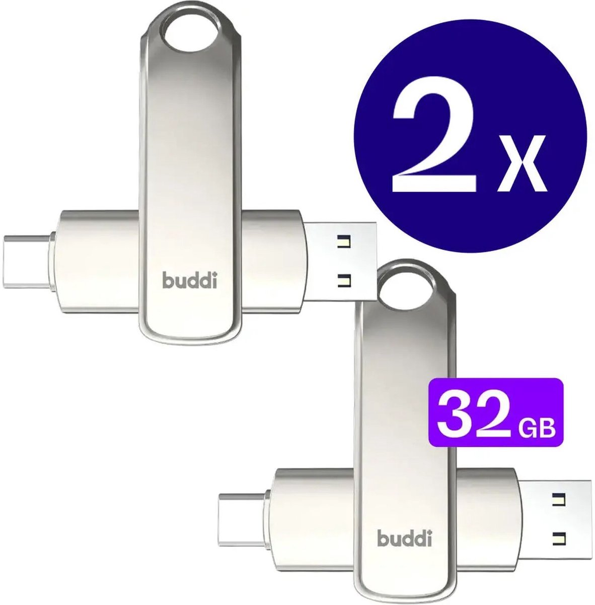 2-Pack Buddi USB-C Stick 32GB | USB C en USB A | Dual Geheugenstick | USB 3.1 | Plug & Play | Universeel | Geschikt voor smartphones, tablets, PC en meer | Extra opslagruimte | Grijs