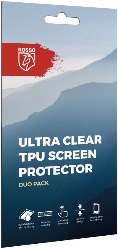 Verpakking Rosso Ultra Clear TPU Screen Protector Duo Pack met telefoon. Iconen: vuilafstotende beschermlaag, silicone, gevoelige aanraking, ultradun design, edge-to-edge bescherming.