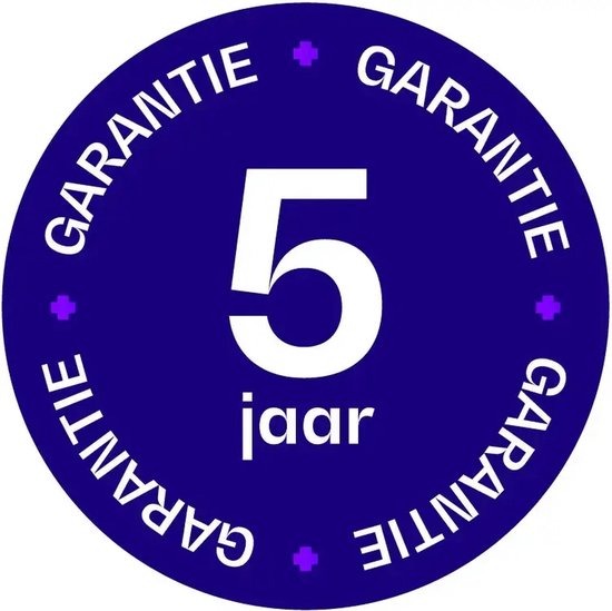Logo met "5 jaar garantie" op een paarse achtergrond.