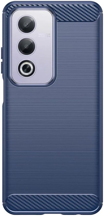 Blauw geborsteld TPU hoesje met carbon look randen en camera-uitsparing.