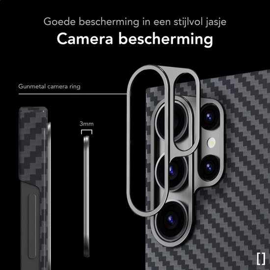 Illustratie van gunmetal camera-ring en 3 mm dikte van NEKIT hoes.