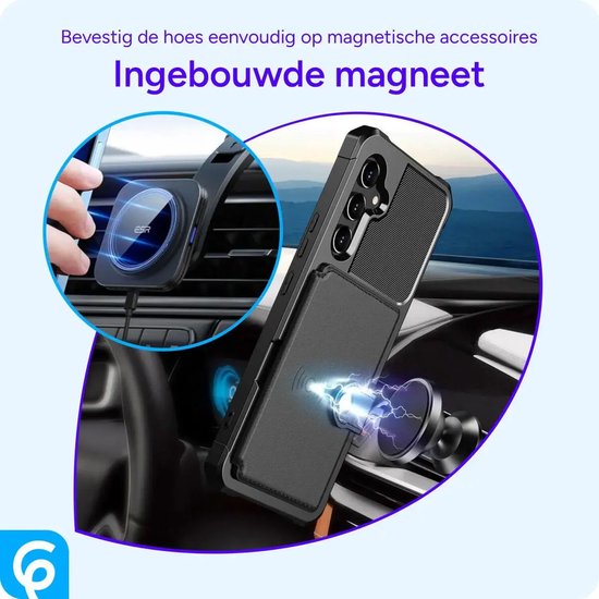Telefoonhoesje klikt magnetisch vast aan autohouder. Tekst: 'Ingebouwde magneet'.