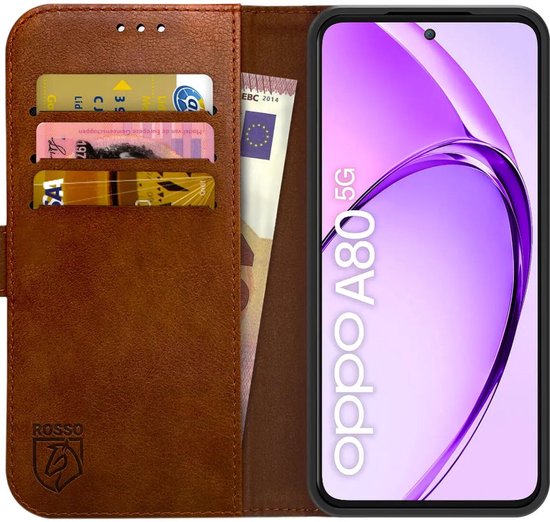 Bruin portemonnee hoesje open met telefoon (Oppo A80 5G) erin en pasjes/geld.