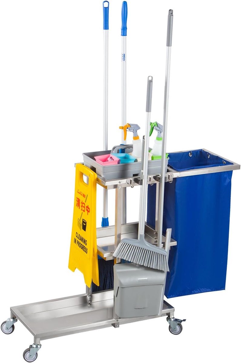 Schoonmaakwagen Met Wielen - Opbergwagen Schoonmaak - Professioneel Schoonmaken - Robuuste Commerciële Kwaliteit - 3 Schappen - Zwart