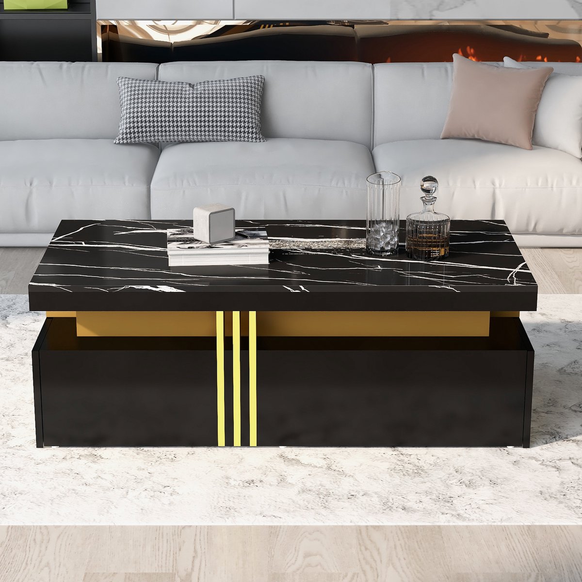 DESMIU Wandmeubel Set - Marmerlook Met Hoogglans En Veel Opbergruimte - Voor Woonkamer En Luxe Interieur - Spaanplaat En Metaal - Zwart - 200x40x42 Cm
