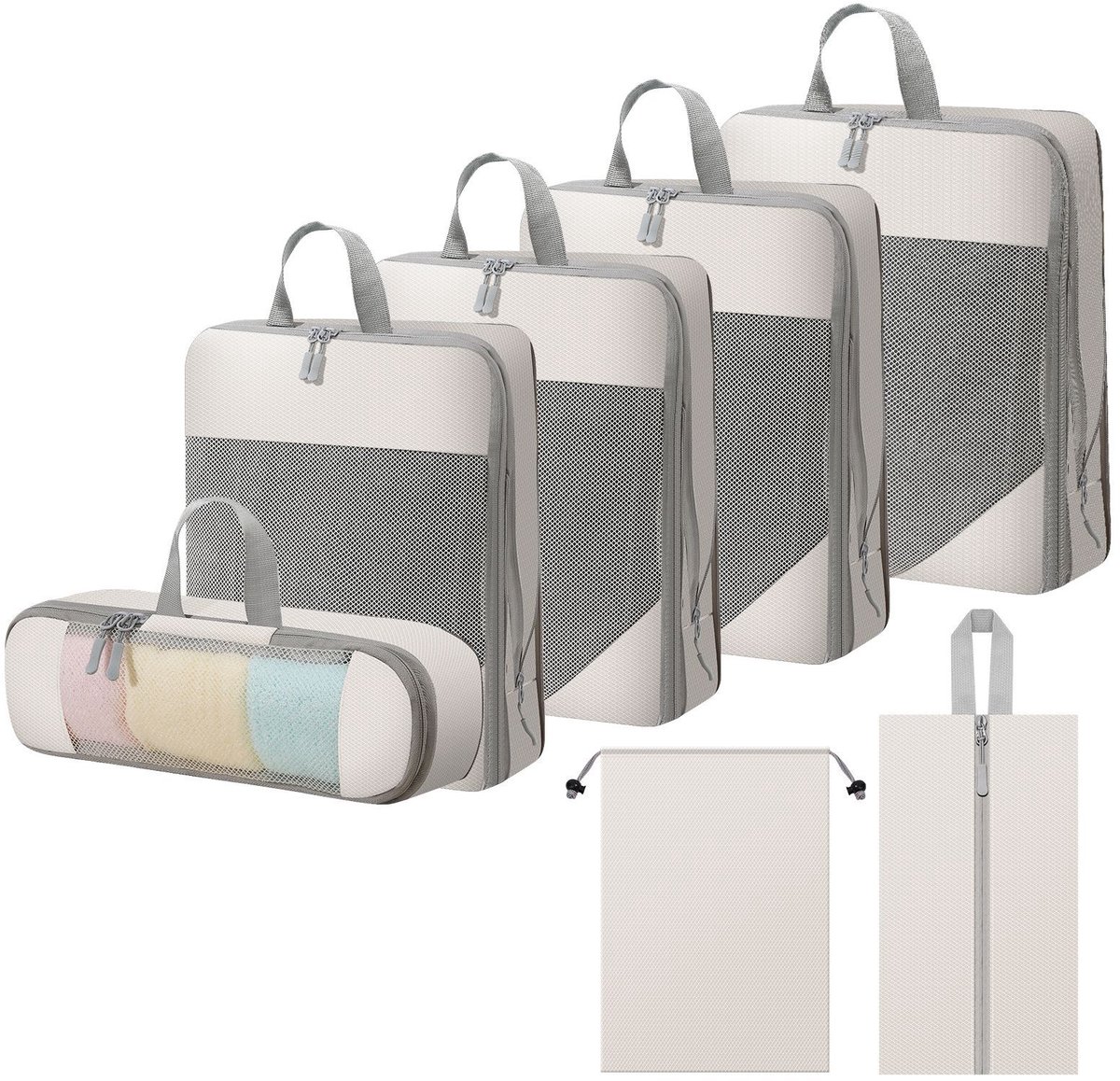 Bagage Opvangset - 7 Stuks Set - Waterdichte Reiskleding Opvangtas - Bagage Opvangtas - Schoenen Opvangtas - Beige wit