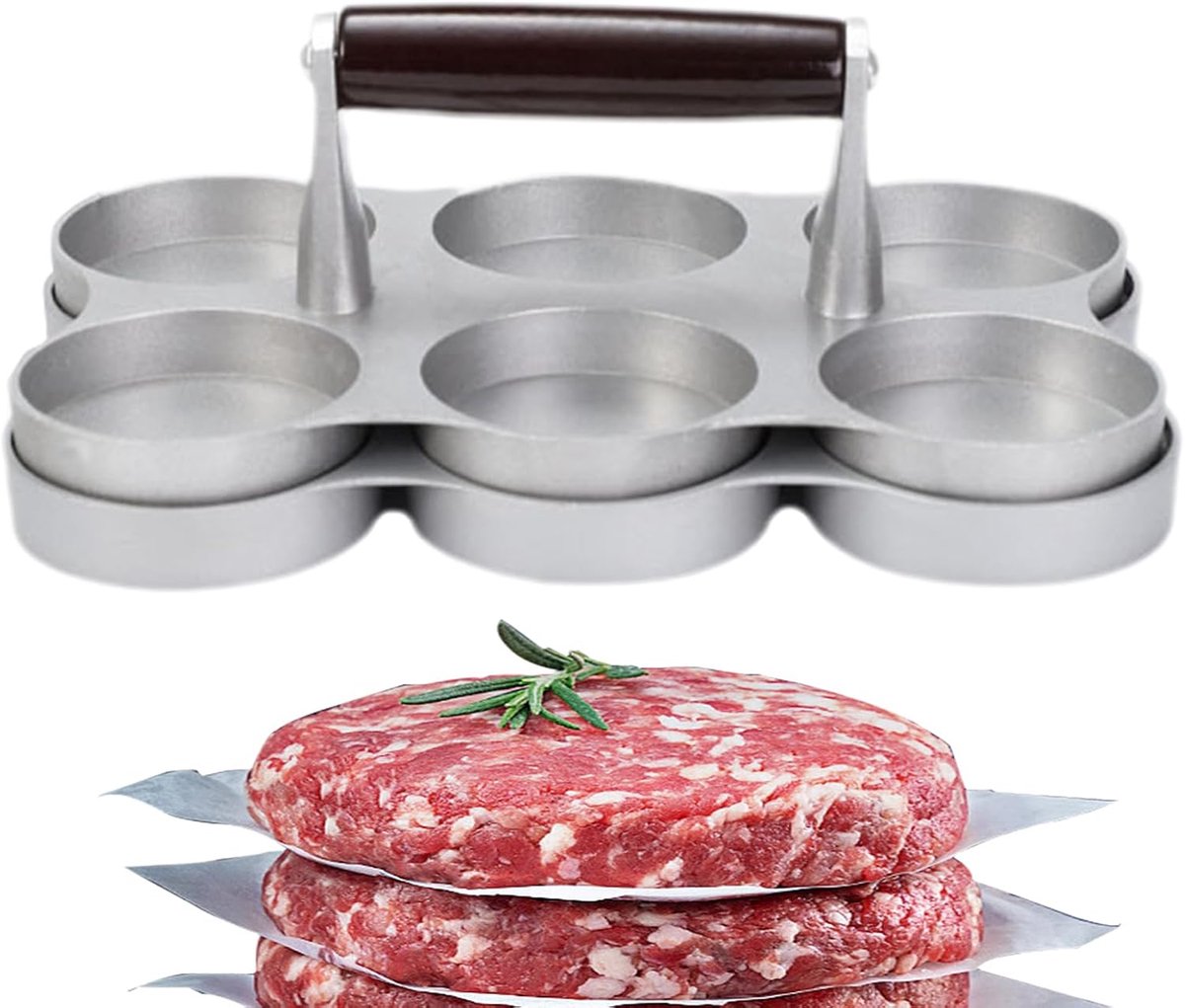 Burgerpers Patty Maker - Vleesvormer - Burgers Maken - 6 Ronde Vormen - 22 cm Breed - Zilver