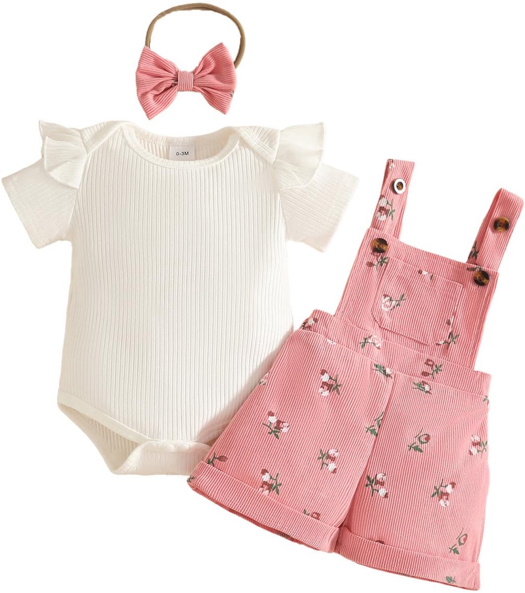 Zomerkleding peuters 0-3 maanden - geribde top - bretels met bloemenpatroon - schattige outfit voor babymeisjes - ShopVlot