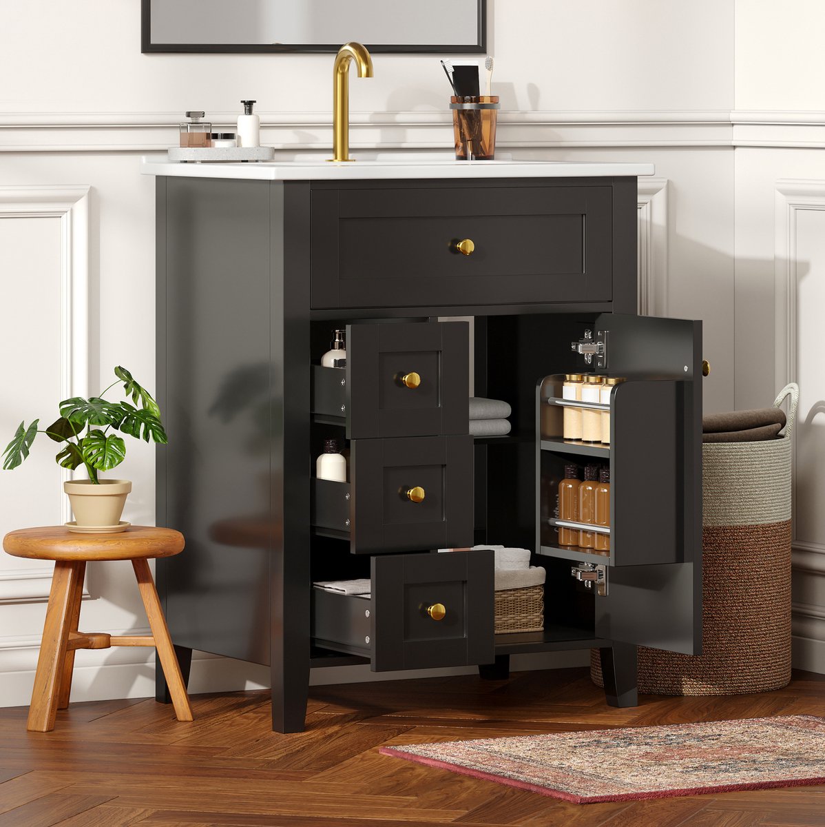 MIVRAY Wastafelmeubel Hoogglans Zwart Met Keramische Wastafel En 4 Lades Voor Badkamer Landelijke Stijl MDF 61 X 47 X 86 Cm