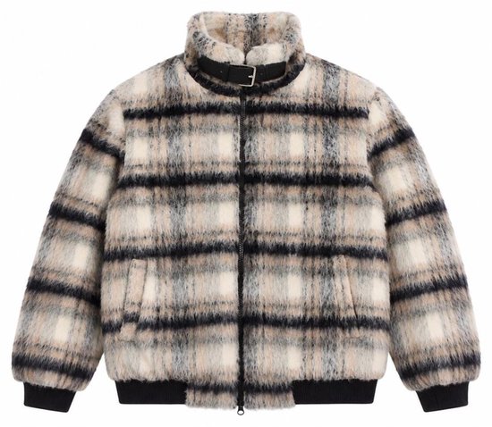 Bomberjack met beige, zwart en grijs ruitpatroon, hoge kraag met gesp.