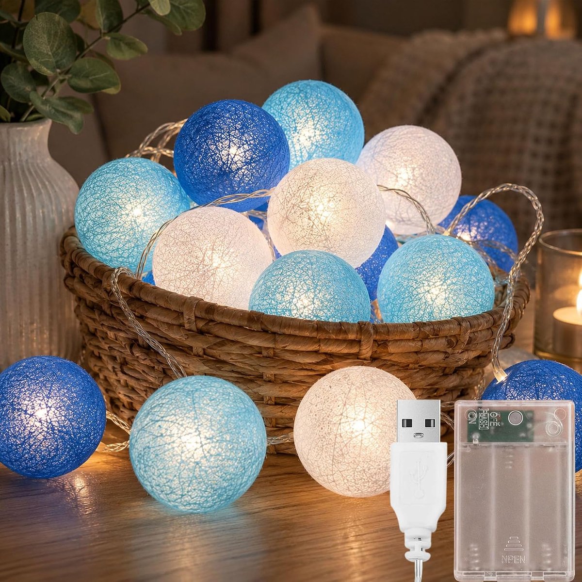 3 m 20 LED Fairy Lights with Cotton Balls, Battery and USB - ShopVlot