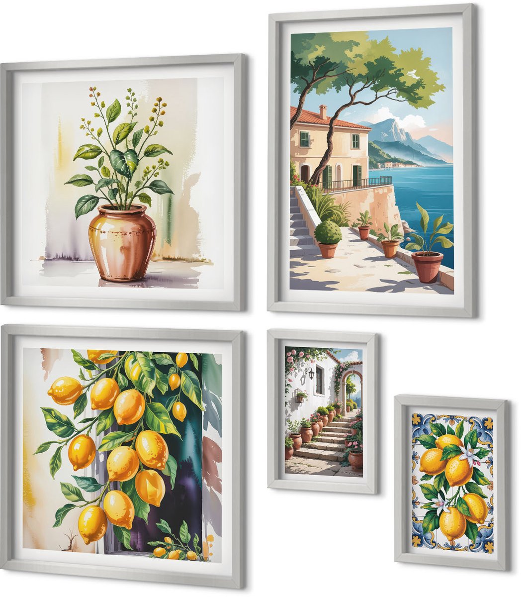 Coloray 5-Delige Schilderij Set - Uitzicht Op Citrusbomen Vanuit Het Raam En Architectuur Aan Zee. - 20 x 30 cm - Decoratieve Muurdecoratie - Slaapkamer