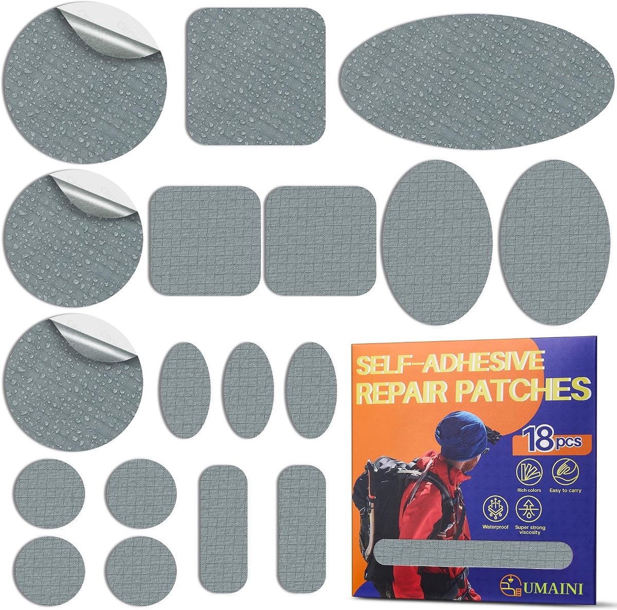 Reparatieset tentdoek - Donkergrijs - 18 stuks - Zelfklevende nylon patches - Voor donsjack en outdoor kleding
