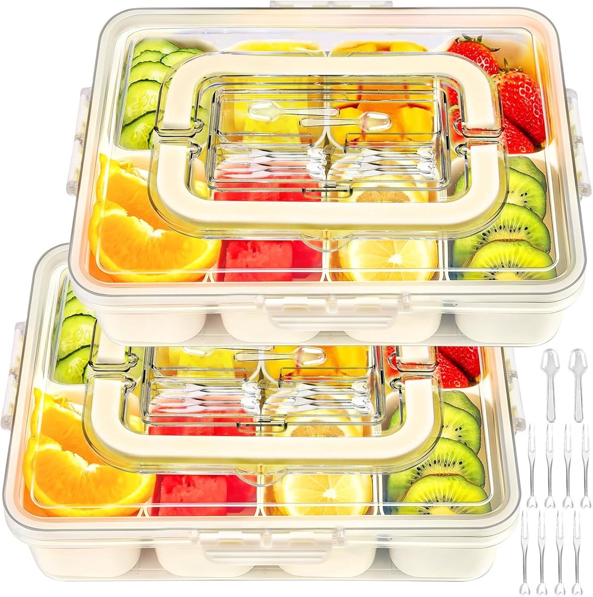 Snackbox - Transparant - 8 Vakken - Draagbare Organizer met Deksel en Handvat - Voor Snacks, Snoep, Noten, Fruit en Groenten