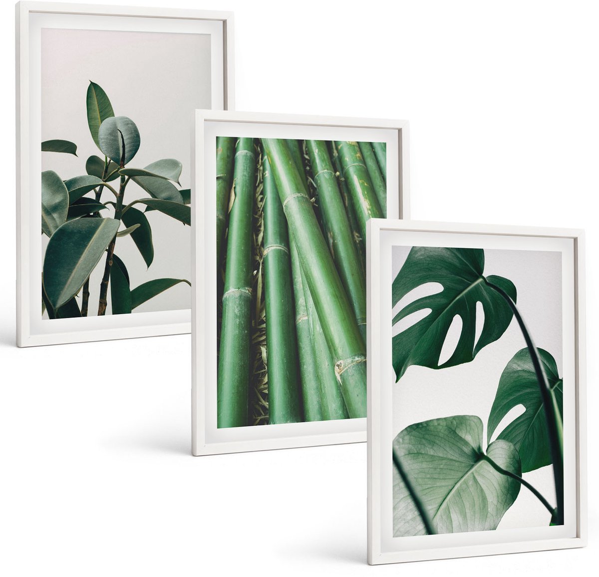 Tulup 3-Delige Schilderij Set - Bamboe stengels, kamerplanten en Monstera bladeren - 40x60 - Muurdecoratie - Wanddecoratie - Slaapkamer - Decoratieve Schilderijen