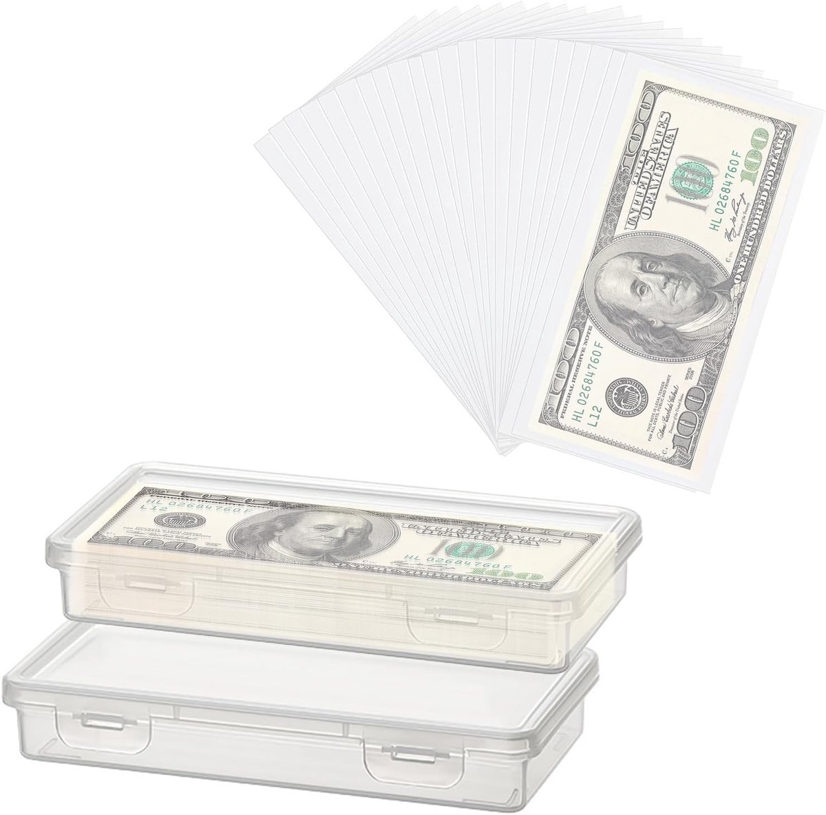 Geldcassette - Doorzichtig - 19 x 9,3 x 3 cm - Kunststof met 100 Transparante Portemonnees - Voor Contant Geld
