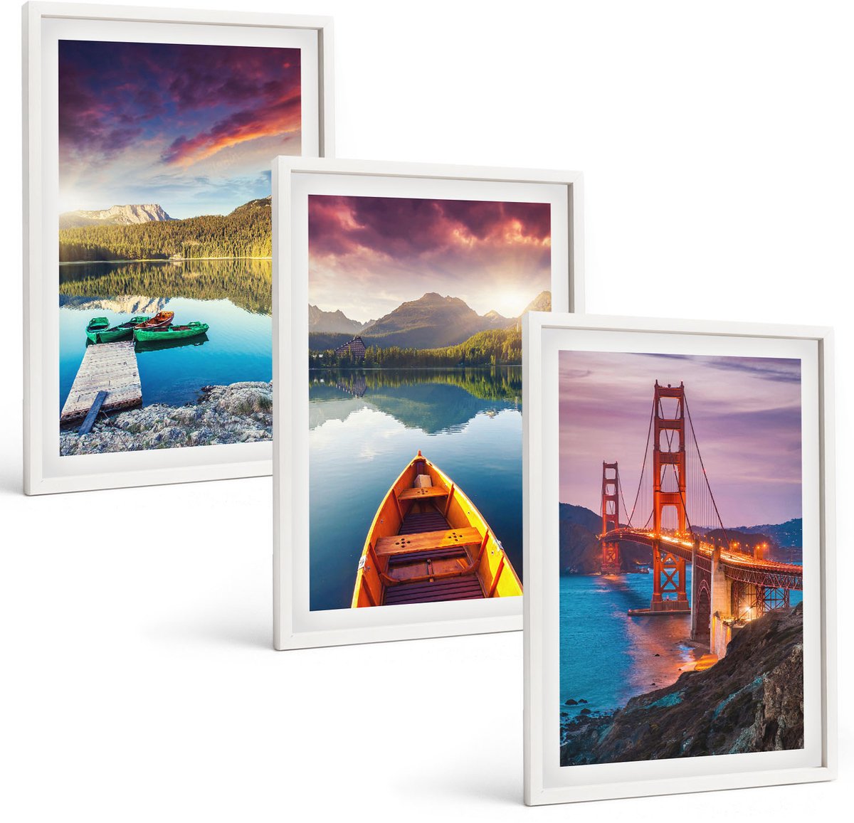 Tulup 3-Delige Schilderij Set - Uitzicht op de bergen met meren, boten en een brug. - 40x60 - Decoratieve Schilderijen - Woonkamer - Interieur - Wanddecoratie