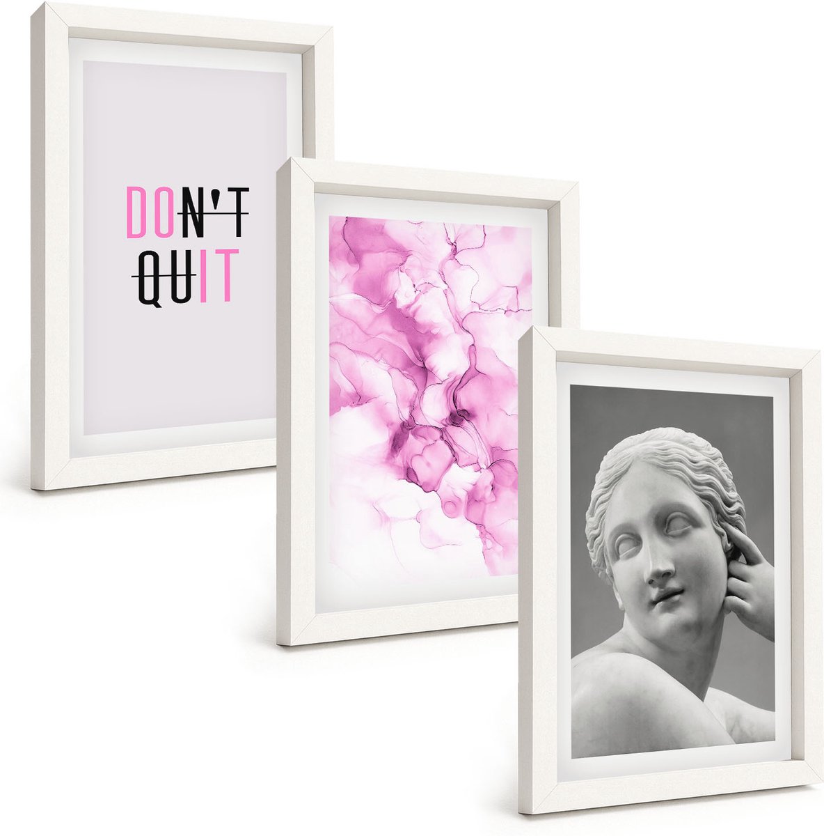 Tulup 3-Delige Schilderij Set - Aquarel Abstractie Inspirerende Slogan Oude Beeldhouwkunst - 20x30 - Wanddecoratie - Muurdecoratie - Woonkamer - Decoratieve Schilderijen