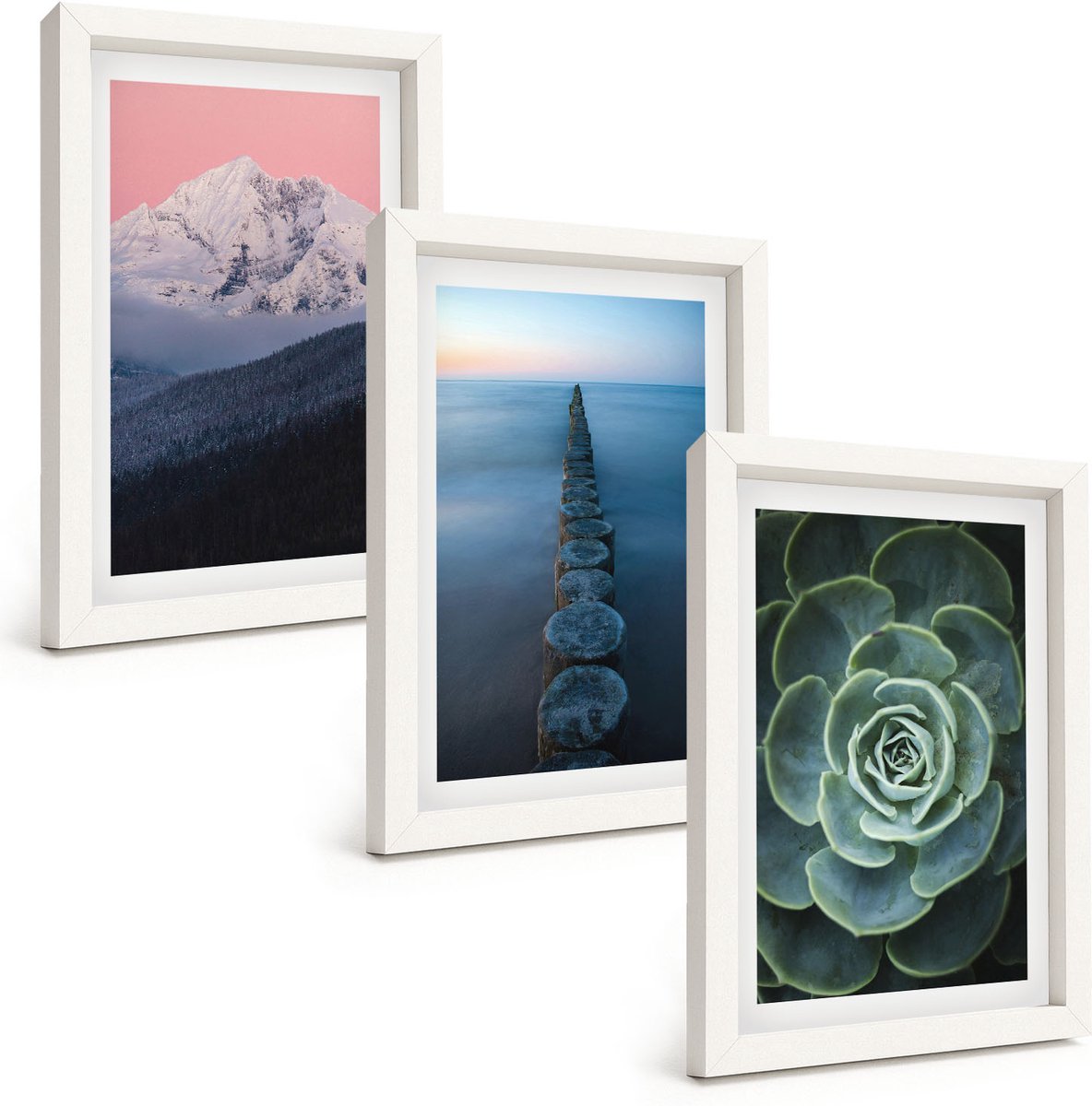 Tulup 3-Delige Schilderij Set - Bergen met roze lucht, water en groene vetplanten - 20x30 - Moderne Wanddecoratie - Slaapkamer - Decoratieve Schilderijen