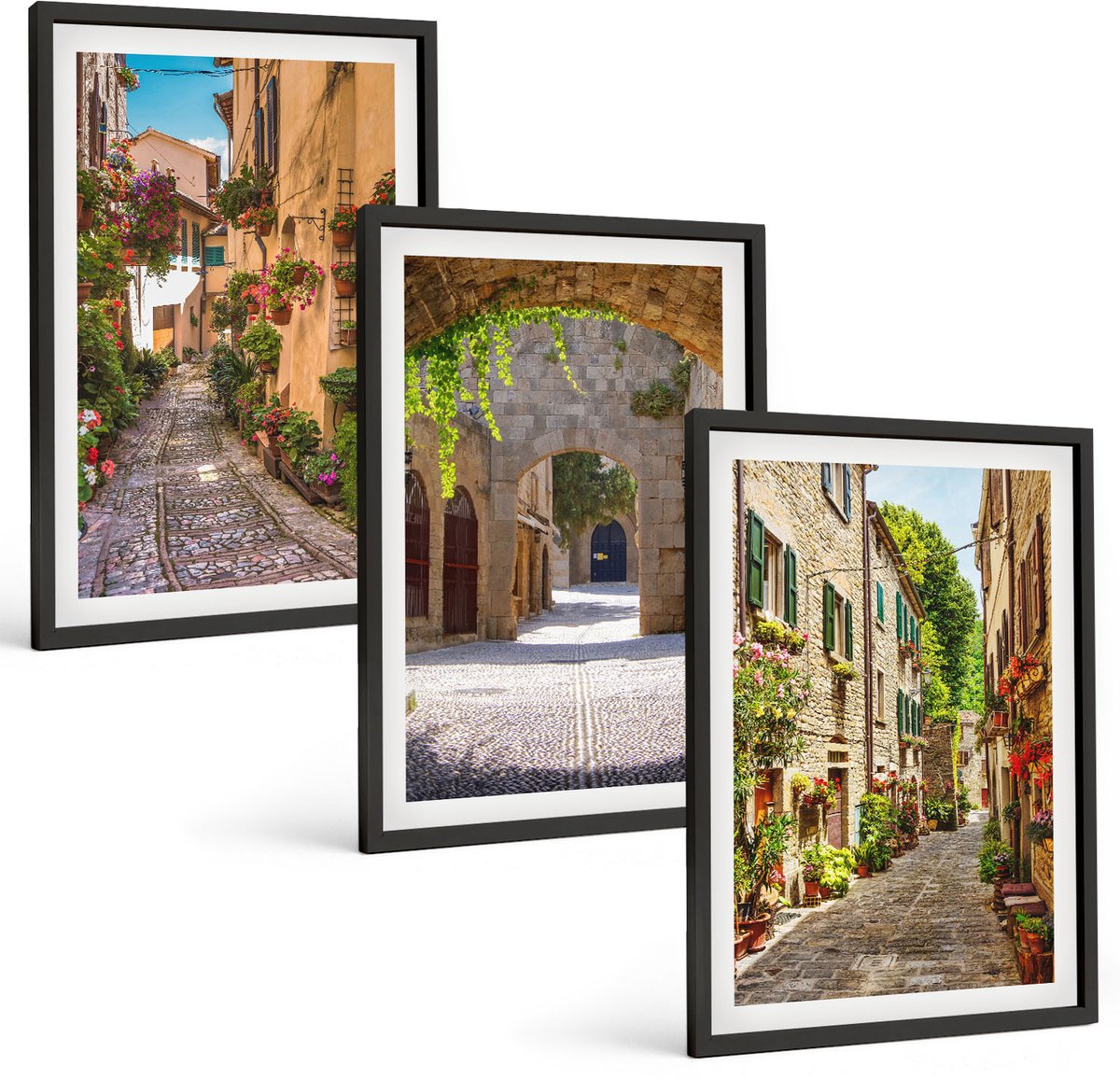 Tulup 4-Delige Schilderij Set - Italiaanse straten met bloemen en architectonische landschappen - 40 x 60 cm - Wanddecoratie - Muurdecoratie - Moderne Interieurdecoratie - Decoratieve Schilderijen