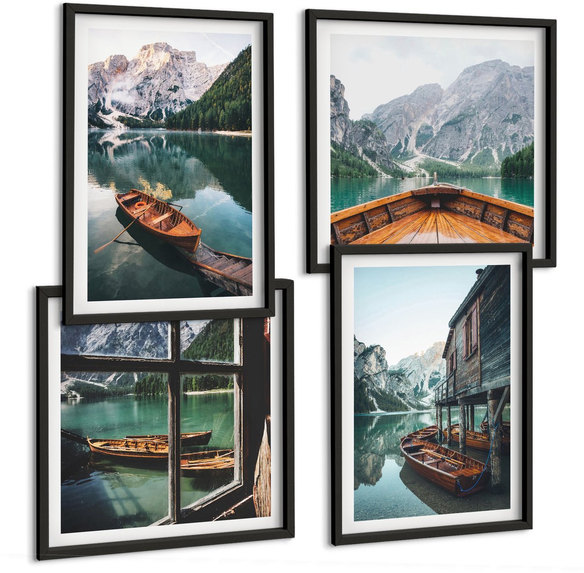 Tulup 4-Delige Schilderij Set - Uitzicht op een bergmeer met boten en een huis aan het water. - 40 x 40 cm en 40 x 60 cm - Wanddecoratie - Woonkamer Decoratie - Moderne Wanddecoratie