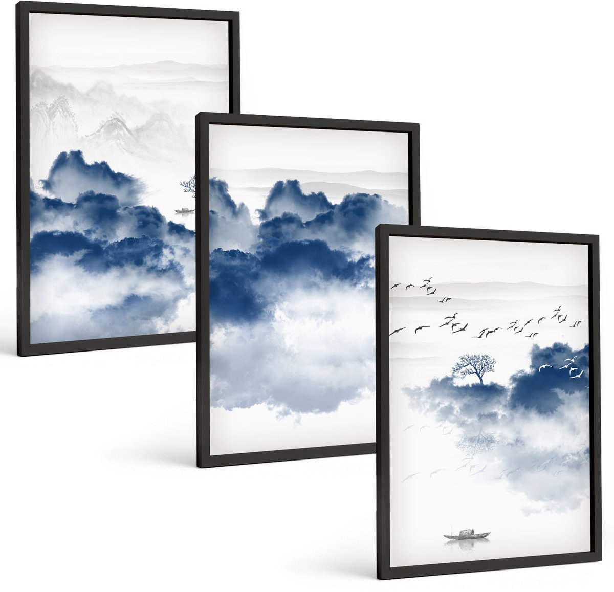 Tulup 4-Delige Schilderij Set - Wolkengebergte met bomen en vogels op de achtergrond - 40 x 60 cm - Schilderijen Set - Wanddecoratie - Woonkamer - Muurdecoratie