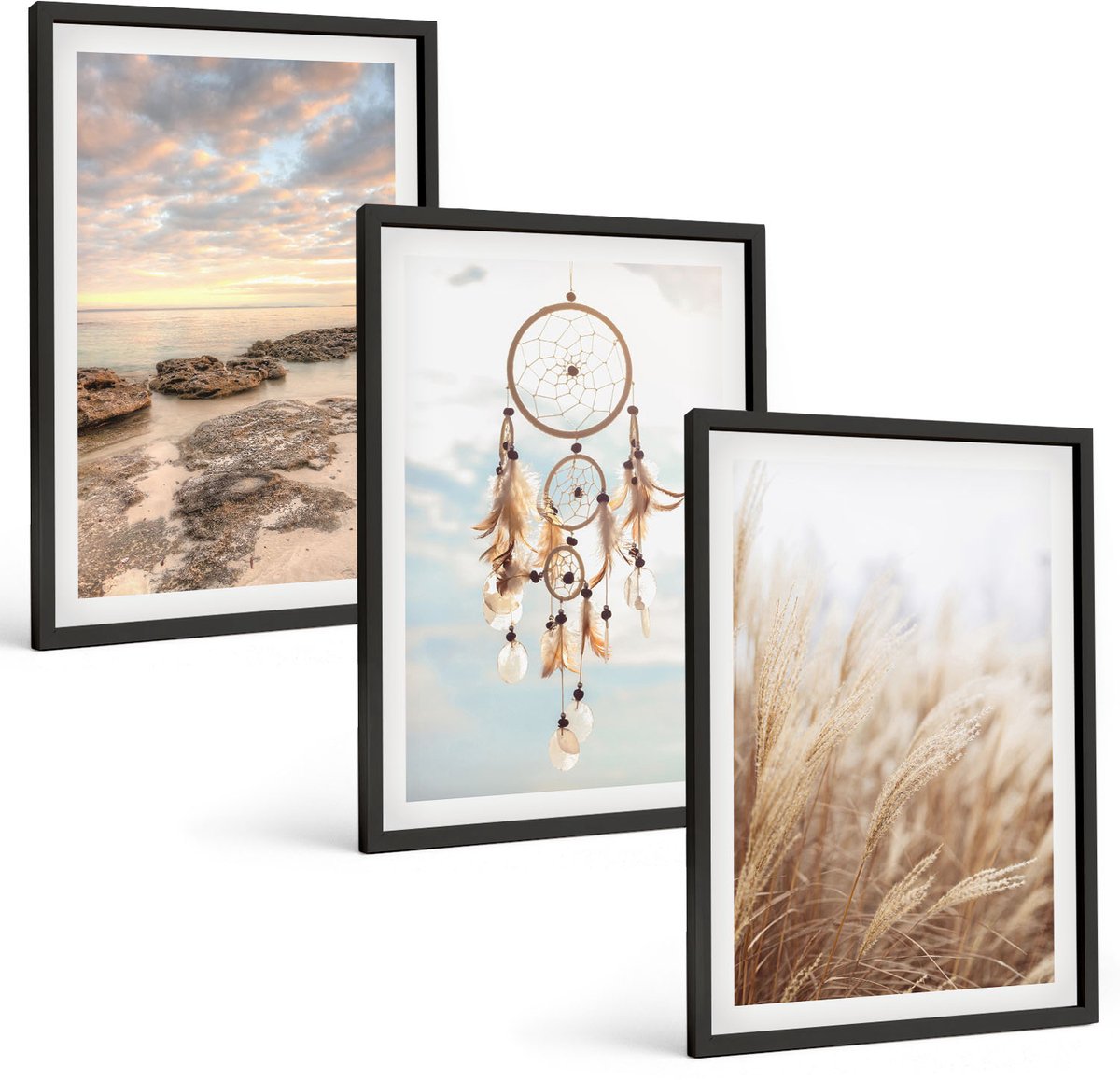 Tulup 4-Delige Schilderij Set - Zeezicht met wolken, dromenvanger en gras - 40 x 60 cm - Decoratieve Schilderijen - Woonkamer - Interieur - Muurdecoratie
