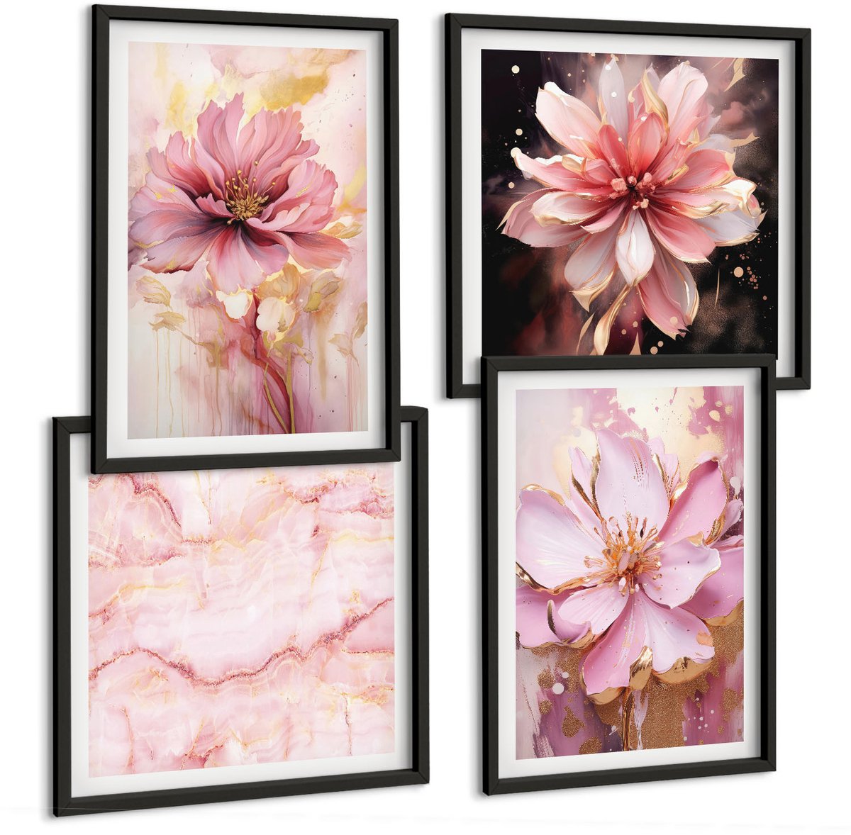 Tulup 4-Delige Schilderij Set - Bloemencomposities in roze en witte tinten. - 40 x 40 cm en 40 x 60 cm - Muurdecoratie - Wanddecoratie - Hal - Interieur Decoratie