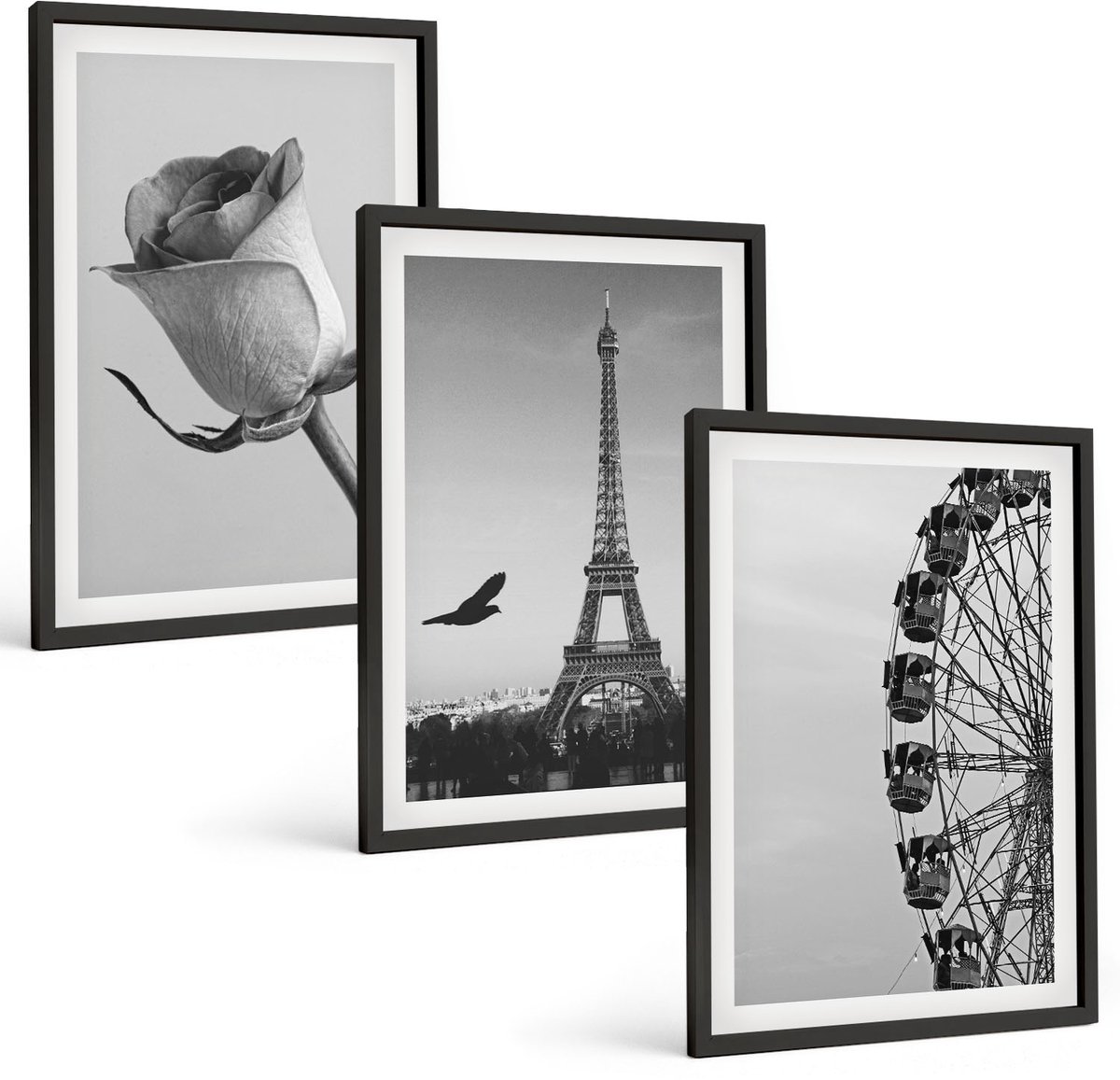 Tulup 4-Delige Schilderij Set - Roze Eiffeltoren en reuzenrad in zwart-wit - 40 x 60 cm - Decoratieve Schilderijen - Woonkamer - Interieur