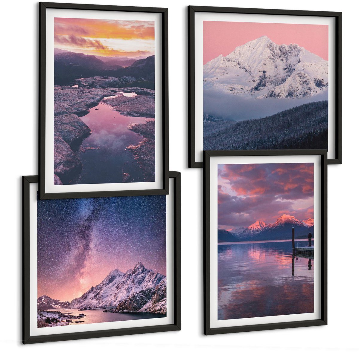 Tulup 4-Delige Schilderij Set - Bergen en water in prachtige natuurlijke landschappen - 40 x 40 cm en 40 x 60 cm - Wanddecoratie - Schilderijen Set - Kantoor - Moderne Wanddecoratie