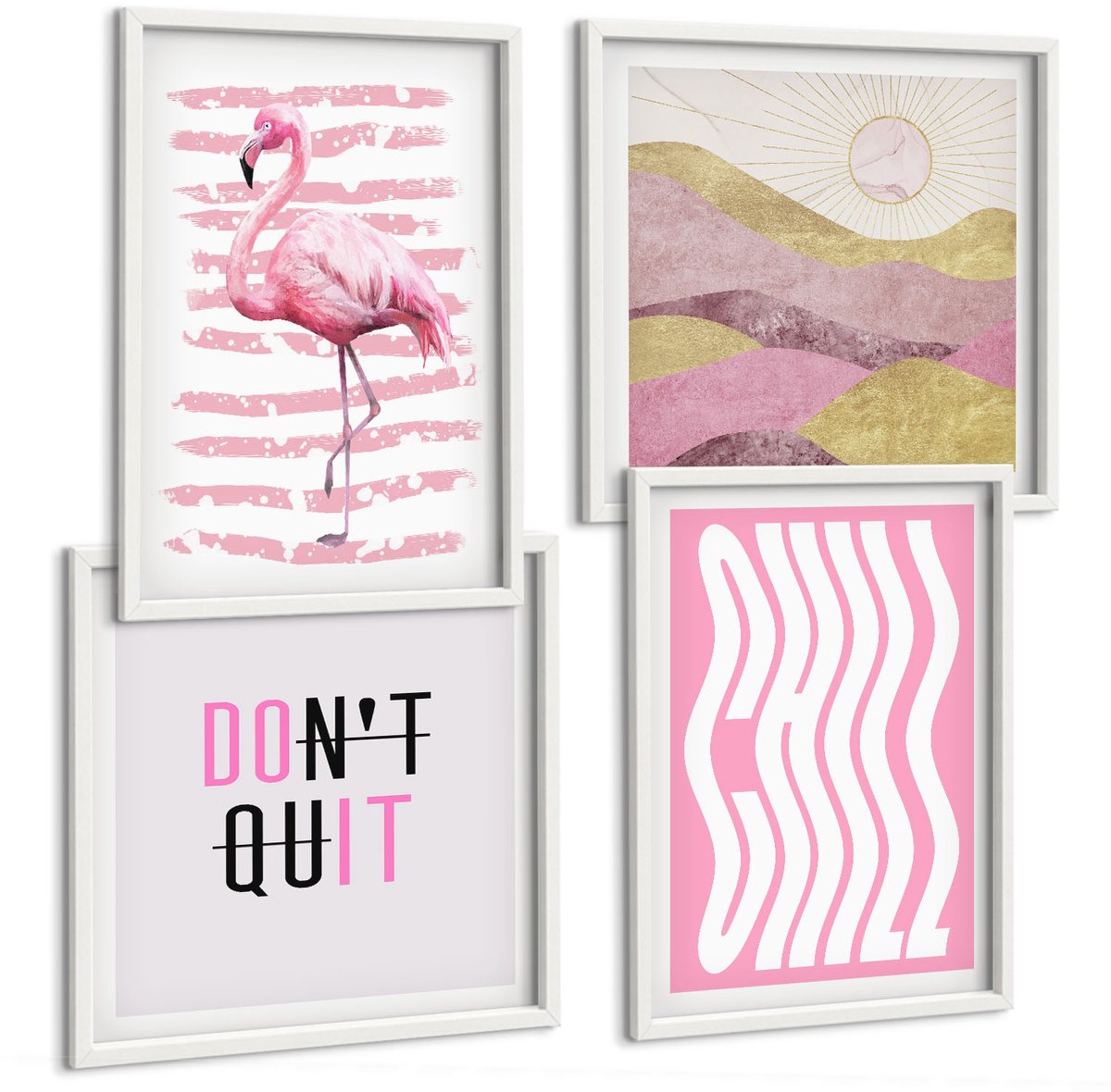 Tulup 4-Delige Schilderij Set - Roze flamingo's pastel berglandschap belettering - 40x40 en 40x60 - Muurdecoratie - Interieur Decoratie