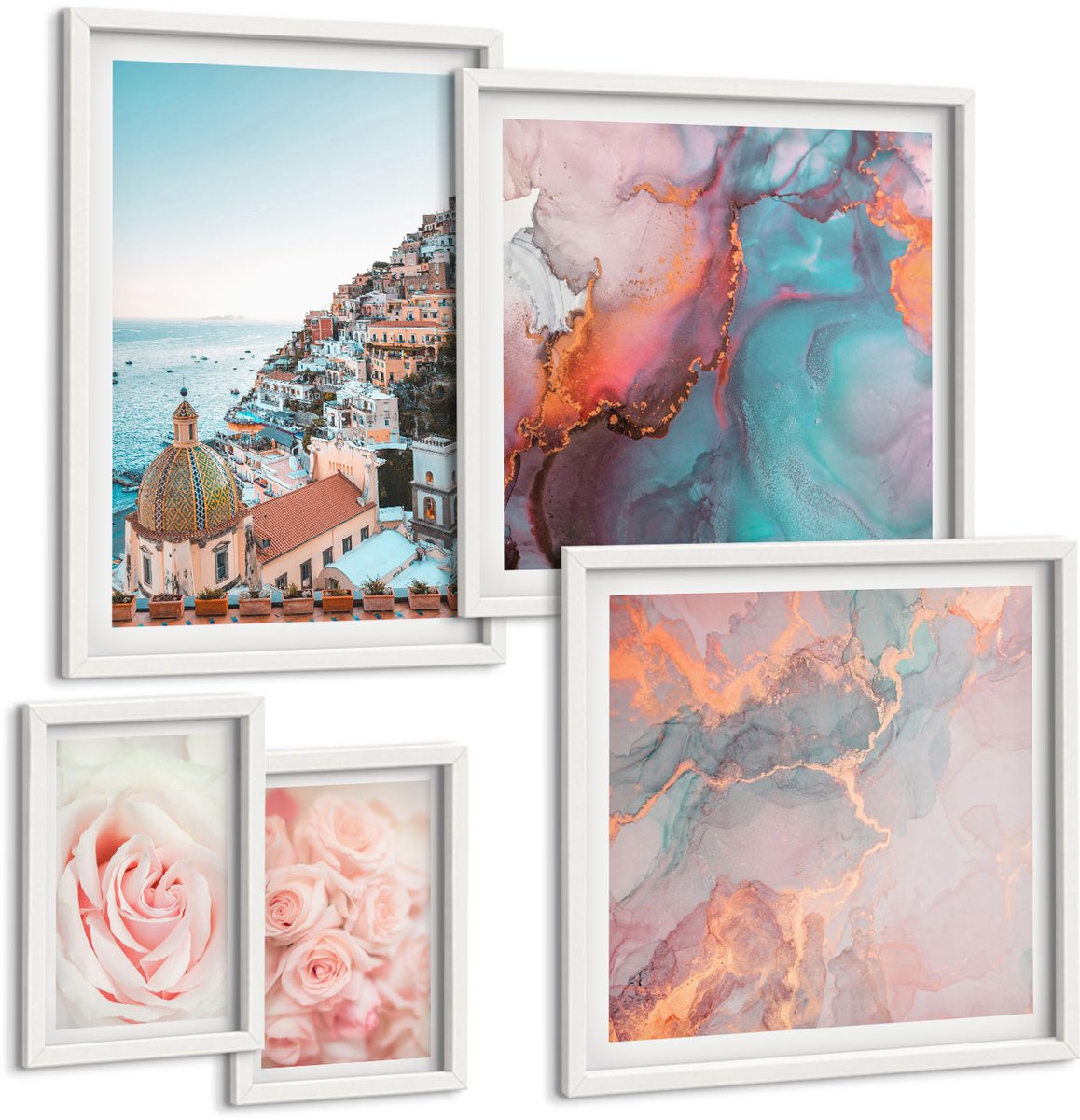 Tulup 4-Delige Schilderij Set - Romantische landschappen met rozen en pastelkleuren - 50 x 50 cm, 20 x 30 cm en 40 x 60 cm - Stijlvolle Muurdecoratie - Kantoor
